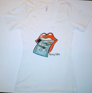 Women V Neck Lip Print T Shirt